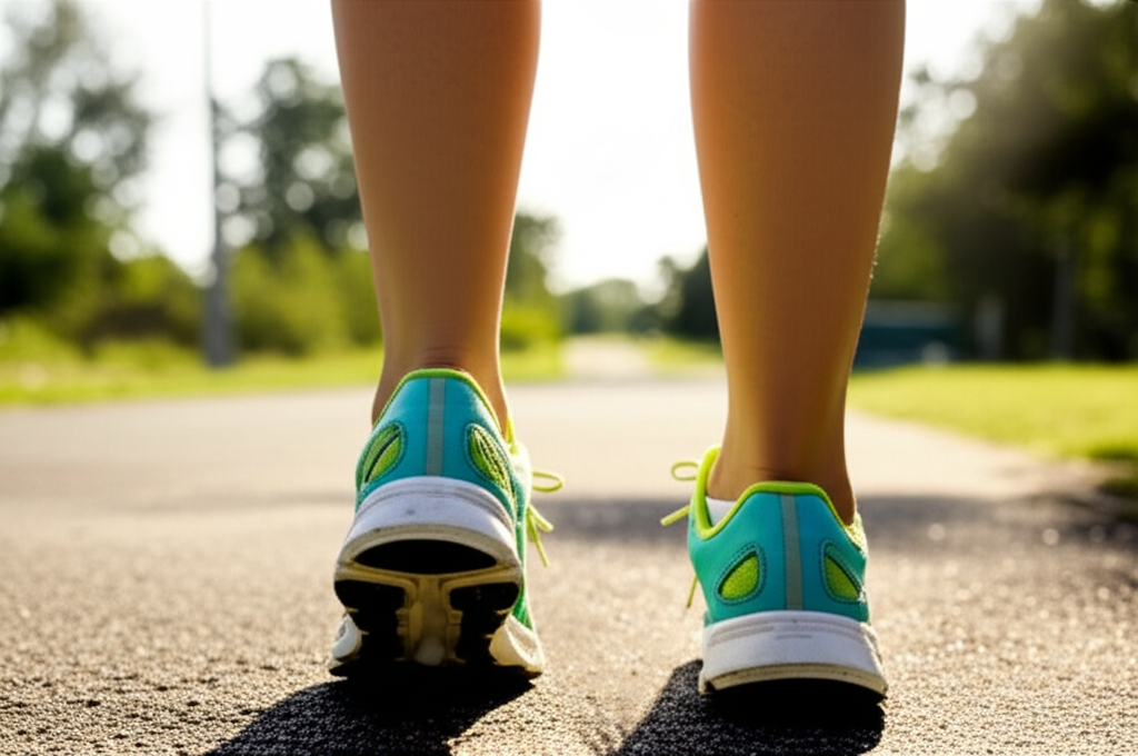 Человек в кроссовках стоит на старте, готовый узнать, как быстро похудеть и начать здоровый образ жизни.