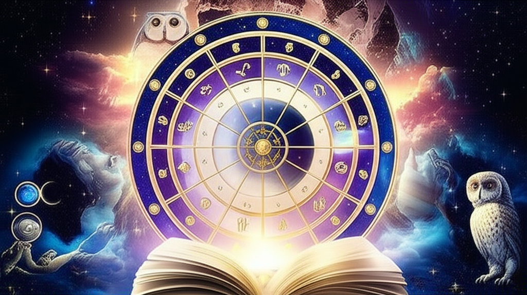 Детальное изображение натальной карты, окруженной символами самопознания и космической мудрости, для иллюстрации процесса, как читать натальную карту самостоятельно.