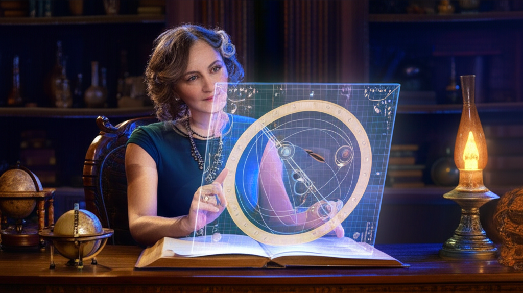 Иллюстрация, показывающая астролога, изучающего звездную карту с наложенными планетарными транзитами, демонстрирующая, как читать транзиты планет для прогностического анализа.