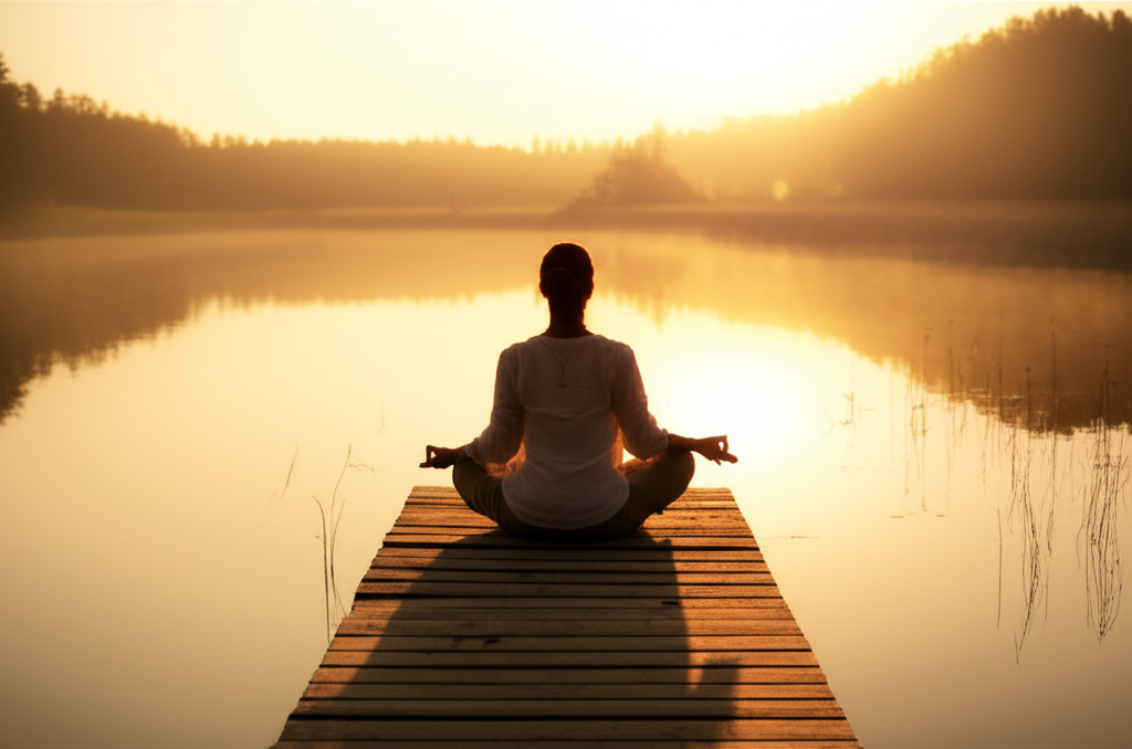 Человек, практикующий, как чувствовать энергию, сидя на природе в лучах утреннего солнца.