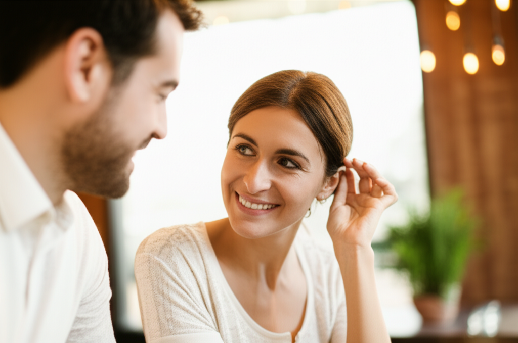 Пример того, как флиртовать: мужчина и женщина общаются в кафе с улыбками и интересом.