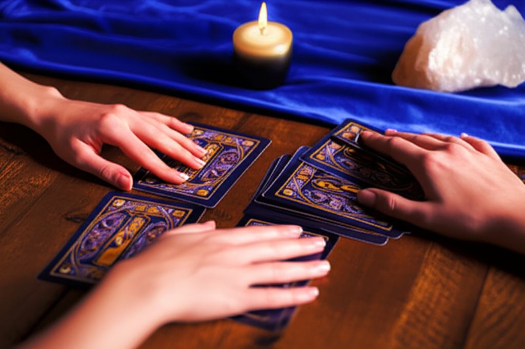 Детальный процесс, как гадать на таро для другого человека, с фокусом на руках и картах на столе.