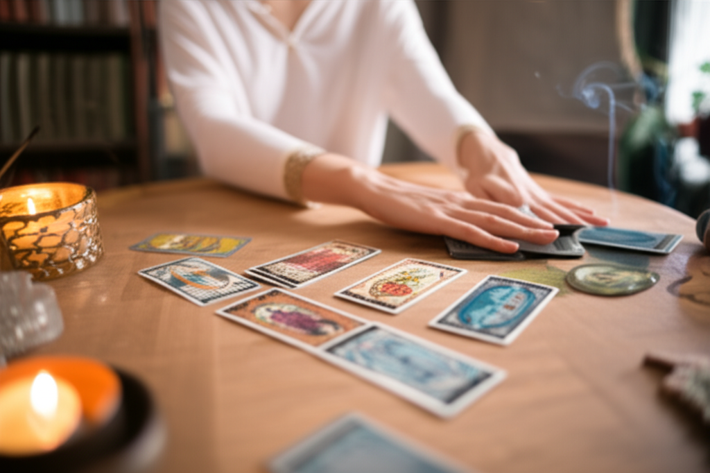 Человек сосредоточенно гадает на Таро самостоятельно дома, раскладывая карты на столе, освещенном мягким светом свечи.