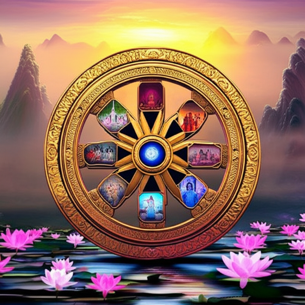 Символическое изображение того, как индуисты понимают карму, в виде колеса сансары и цветка лотоса.