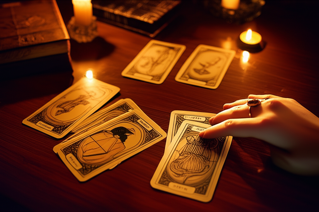 Изображение демонстрирует, как интерпретировать перевернутые карты таро на старинном деревянном столе, освещенном мягким светом свечей, с рукой, касающейся одной из карт.