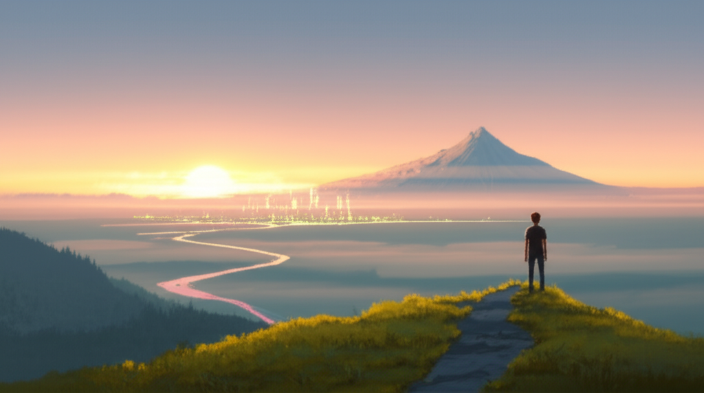 Человек на холме на рассвете смотрит на далекую цель — визуализация того, как исполнить мечту.