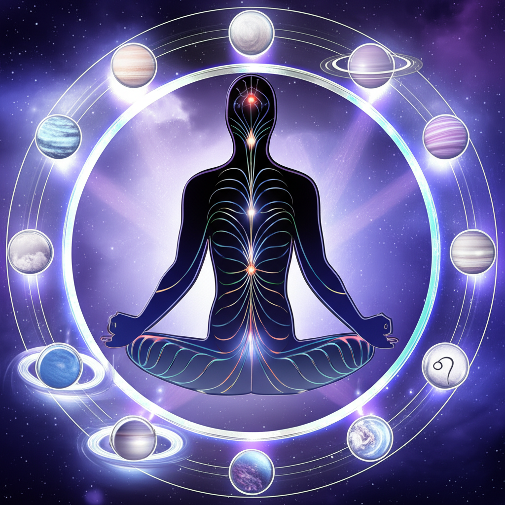 Схематичное изображение, которое объясняет, как использовать астрологию для здоровья, показывая связь планет и знаков зодиака с органами человека.