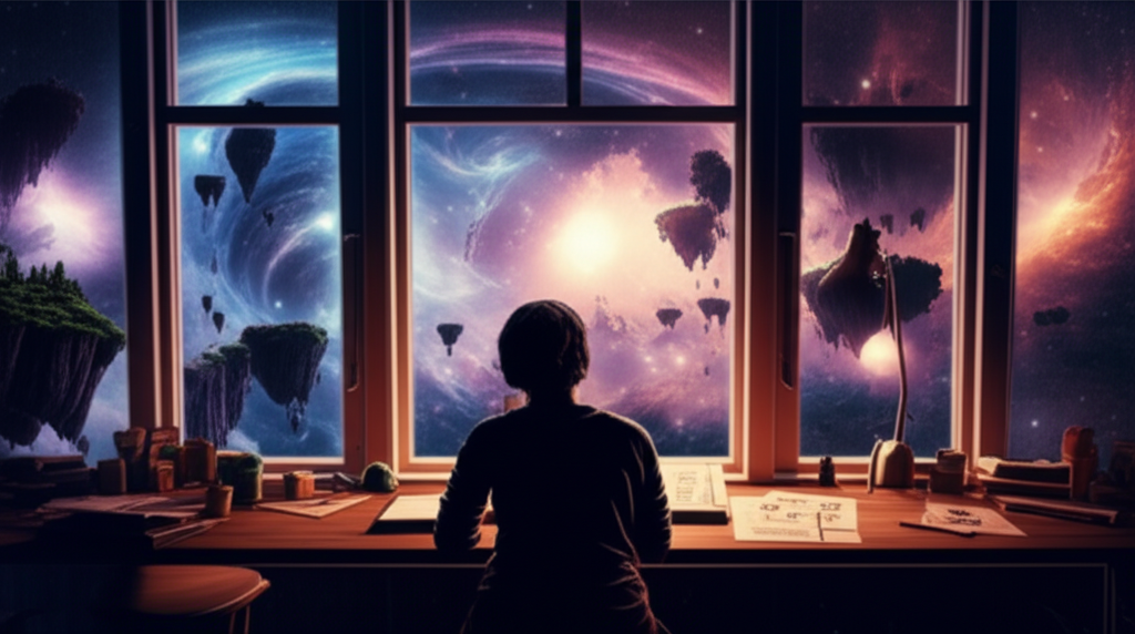 Человек ведет дневник, чтобы понять, как использовать сны в жизни, на фоне фантастического пейзажа за окном.