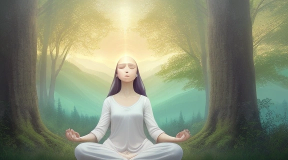 Спокойная женщина медитирует на природе, символизируя как избавиться от негативных мыслей и найти внутренний покой.