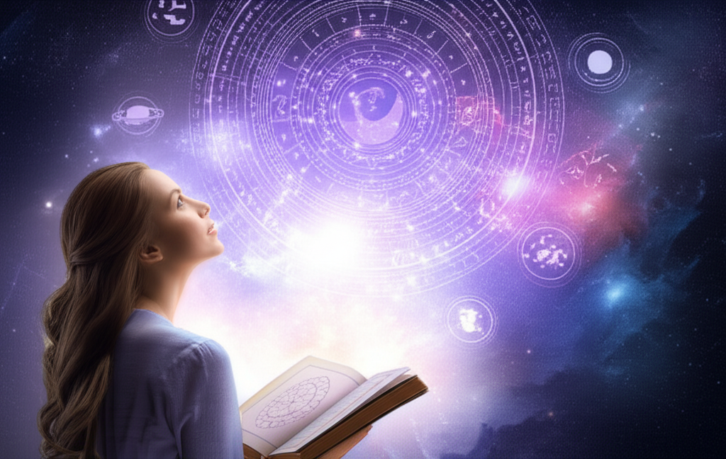 Молодая женщина, изучающая свою натальную карту на фоне звёздного неба, символизирующая процесс как изучить астрологию для начинающих бесплатно.