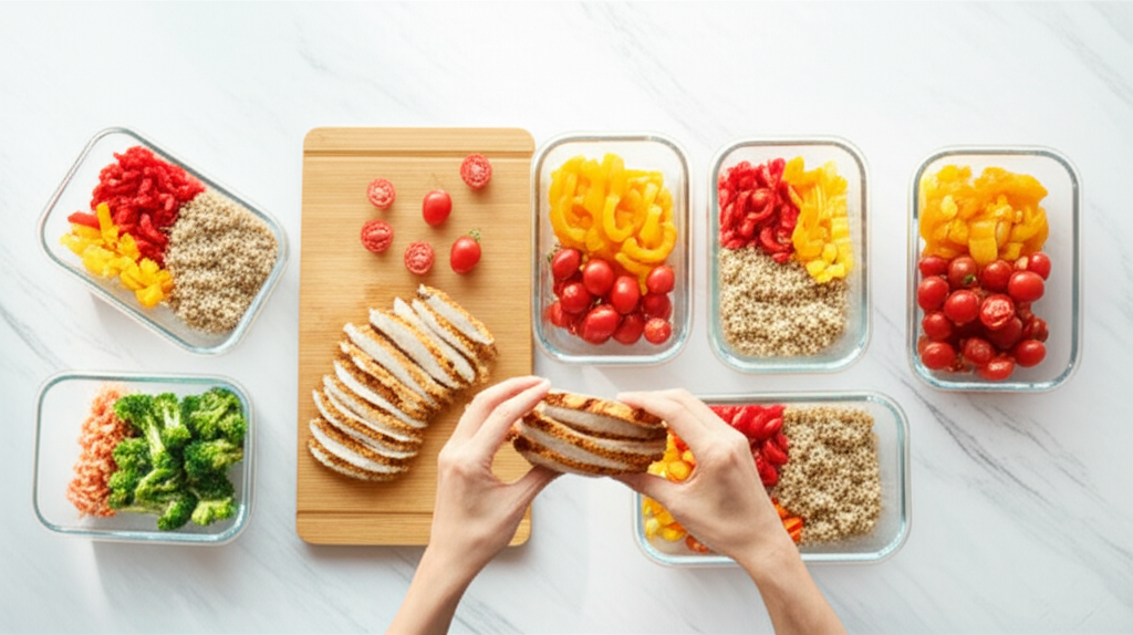 Человек, который знает, как контролировать режим питания, раскладывает здоровую еду по контейнерам на кухне.