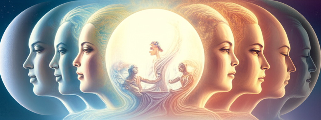 Изображение демонстрирует, как лунные фазы влияют на эмоции, представляя различные настроения под меняющимся лунным светом в течение цикла.