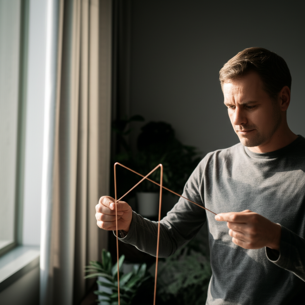 Человек пытается найти геопатогенные зоны в современной комнате при помощи биолокационных рамок.