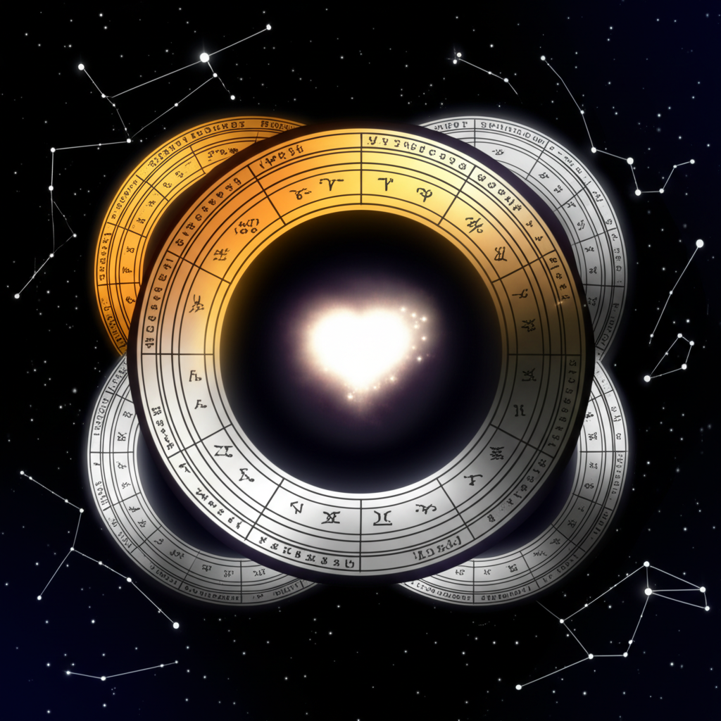 Графическое изображение натальной карты и планет, иллюстрирующее, как найти любовь через астрологию.