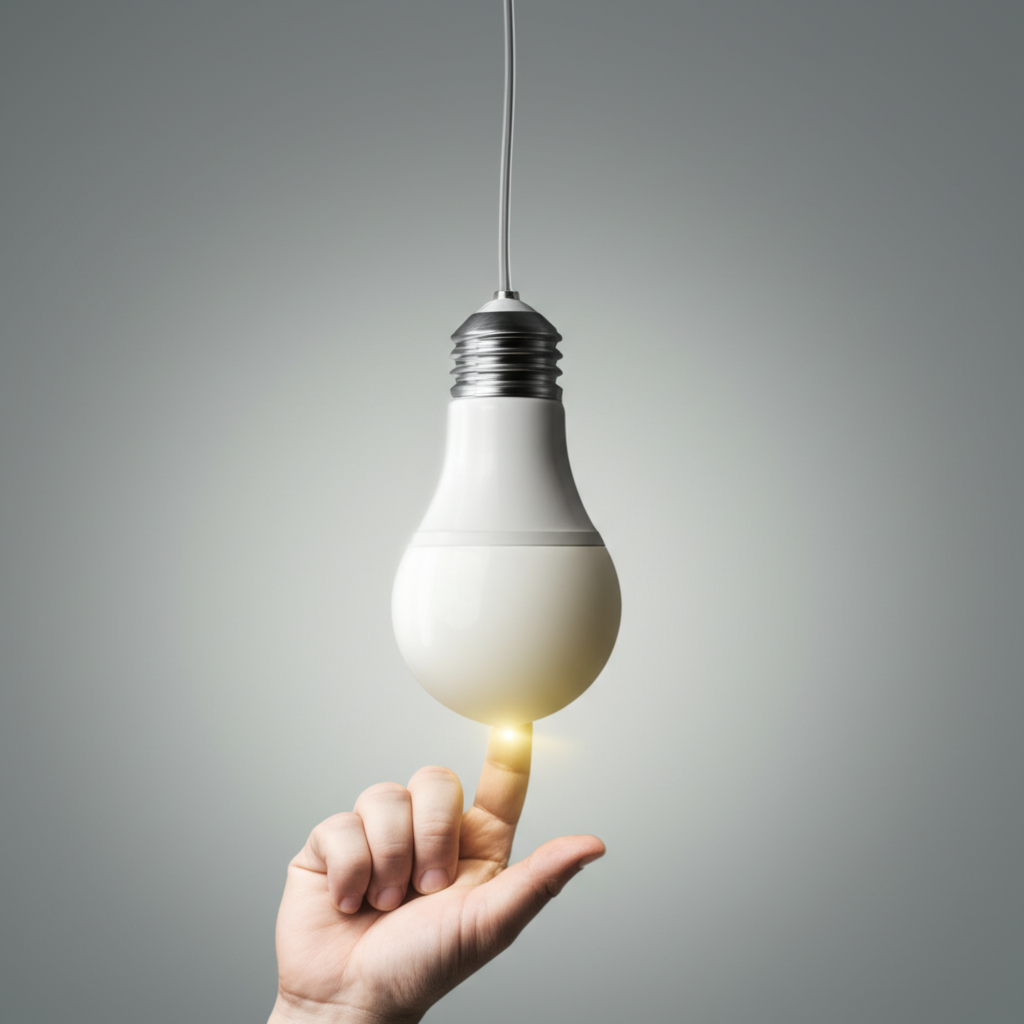 Иллюстрация, показывающая, как найти мотивацию для занятий: рука включает свет на лампочке, символизируя поиск внутреннего ресурса.