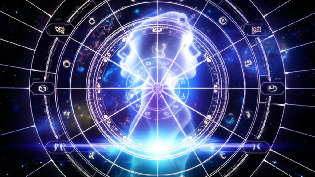 Изображение натальной карты, освещенной внутренним светом, символизирующее процесс самопознания и помогающее понять, как найти предназначение в натальной карте.