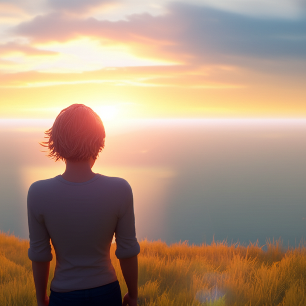 Человек находит внутренний покой, встречая рассвет у моря — иллюстрация к руководству о том, как найти счастье.