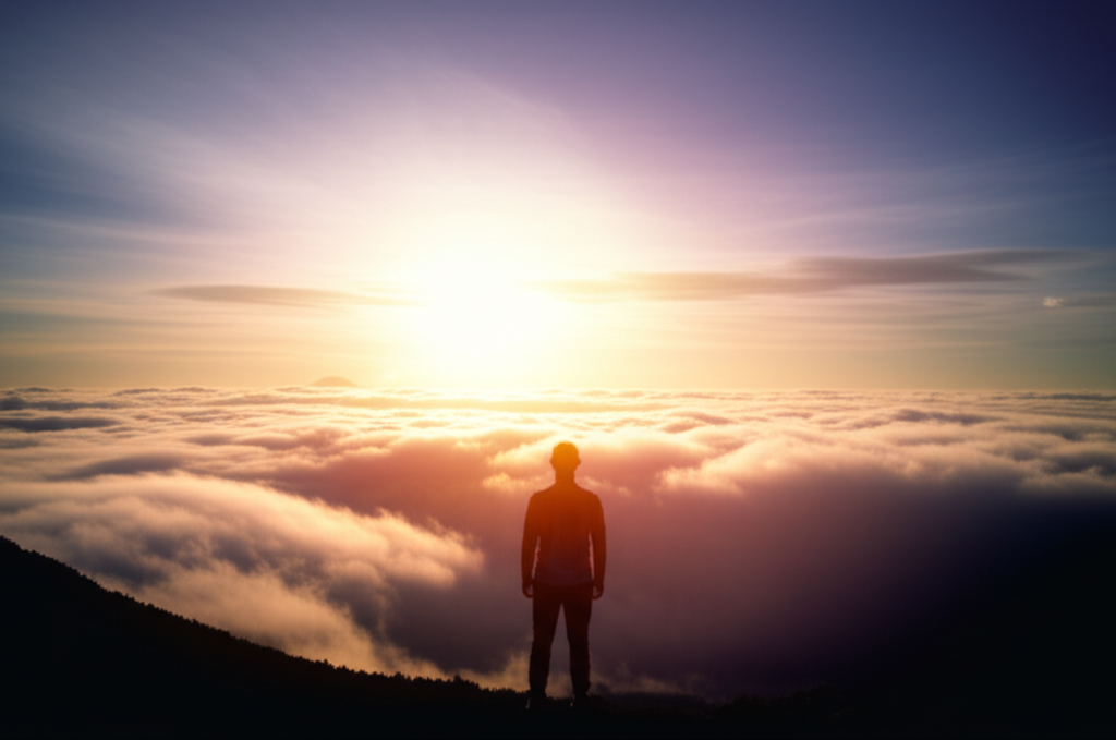 Человек на вершине горы на рассвете, символизирующий осознанное жизненное предназначение.