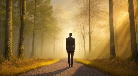 Молодой человек размышляет на перепутье, пытаясь осознать, как найти свой путь в жизни среди различных направлений.