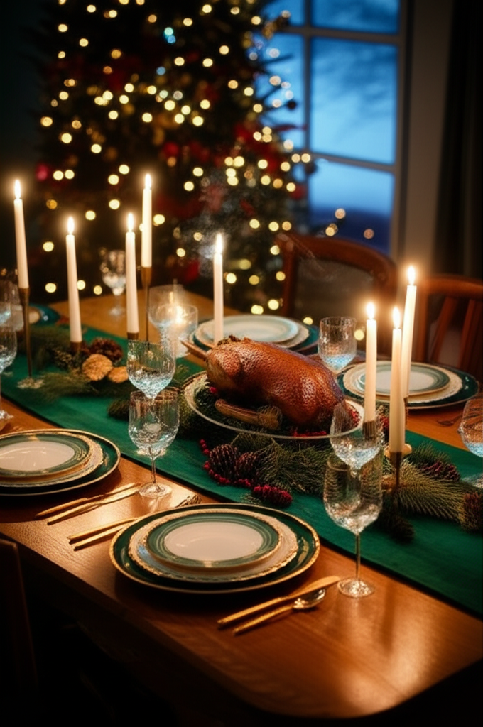 Праздничная сервировка, иллюстрирующая, как накрыть новогодний стол с элегантной посудой и декором.