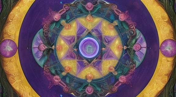 Детальное изображение, демонстрирующее процесс, как нарисовать магический круг на полу, окруженный кристаллами и благовониями.