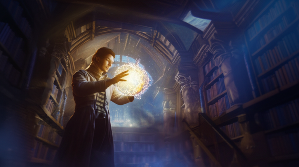 Мудрый практик показывает, как научиться боевой магии, формируя шар чистой энергии в древней библиотеке.