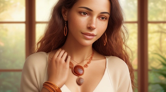 Женщина носит сердолик: кольцо, браслет и подвеска из оранжевого камня в теплых тонах.