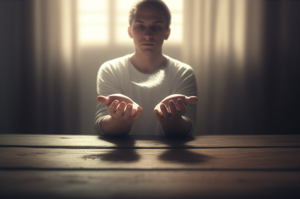 Спокойный человек практикуется, как обучиться телекинезу, концентрируясь на парящем в воздухе перышке.