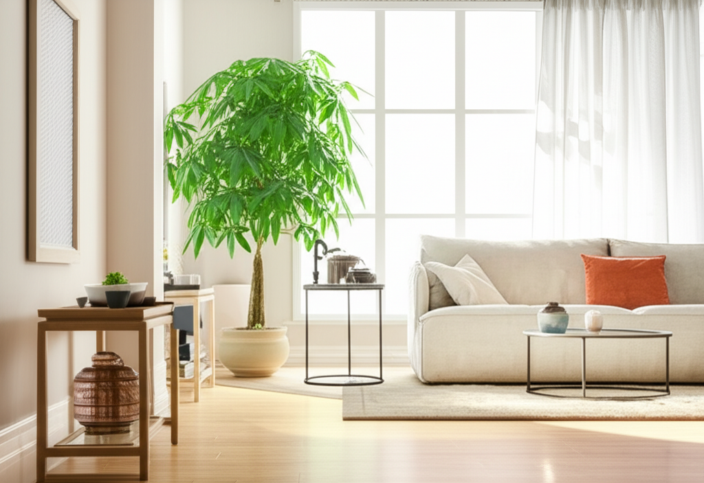 Гармоничный интерьер гостиной, демонстрирующий, как обустроить квартиру по фэн-шуй с помощью растений и света.