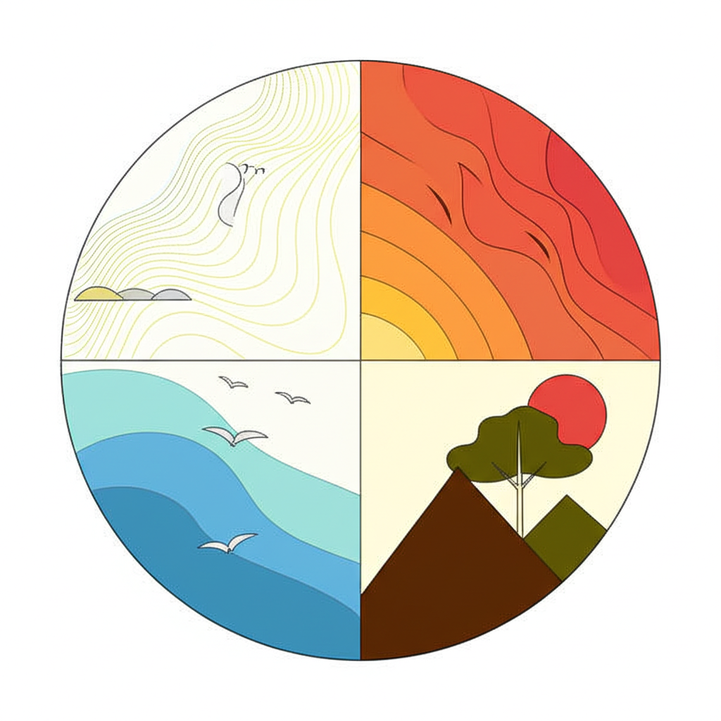 Схематичное изображение, которое помогает как определить стихию знака, разделенное на четыре сектора: Огонь, Земля, Воздух и Вода.