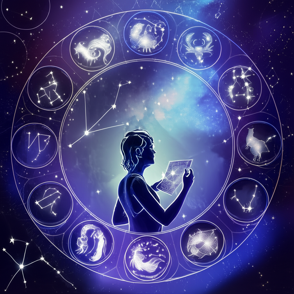 Иллюстрация, помогающая понять, как определить свой знак зодиака, изображающая 12 зодиакальных созвездий на ночном небе вокруг человека, изучающего звезды.