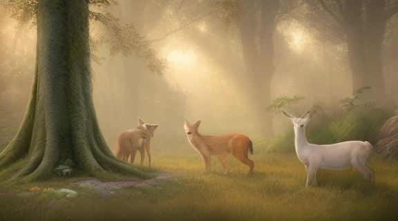 Мистический лес с различными животными, символизирующими мудрость природы и наставничество, помогающие понять, как определить тотемное животное.