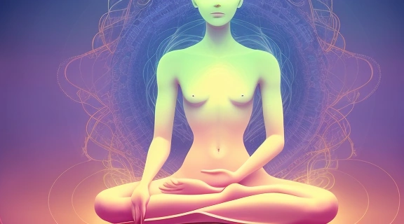 Человек медитирует среди символов, размышляя, как определить вещий сон и его значение.