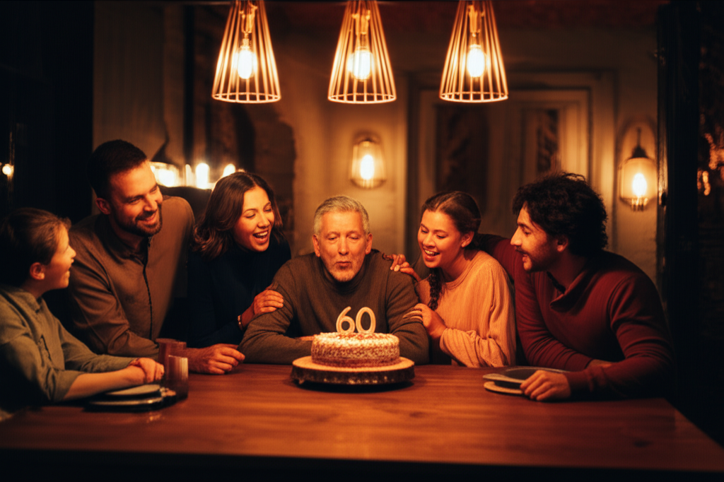 Счастливая семья за праздничным столом, пример того, как организовать день рождения отца незабываемо.