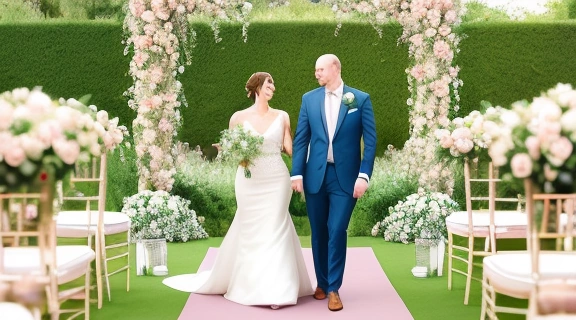 Молодожены на фоне прекрасно оформленной площадки, демонстрирующие, как организовать идеальную свадьбу.