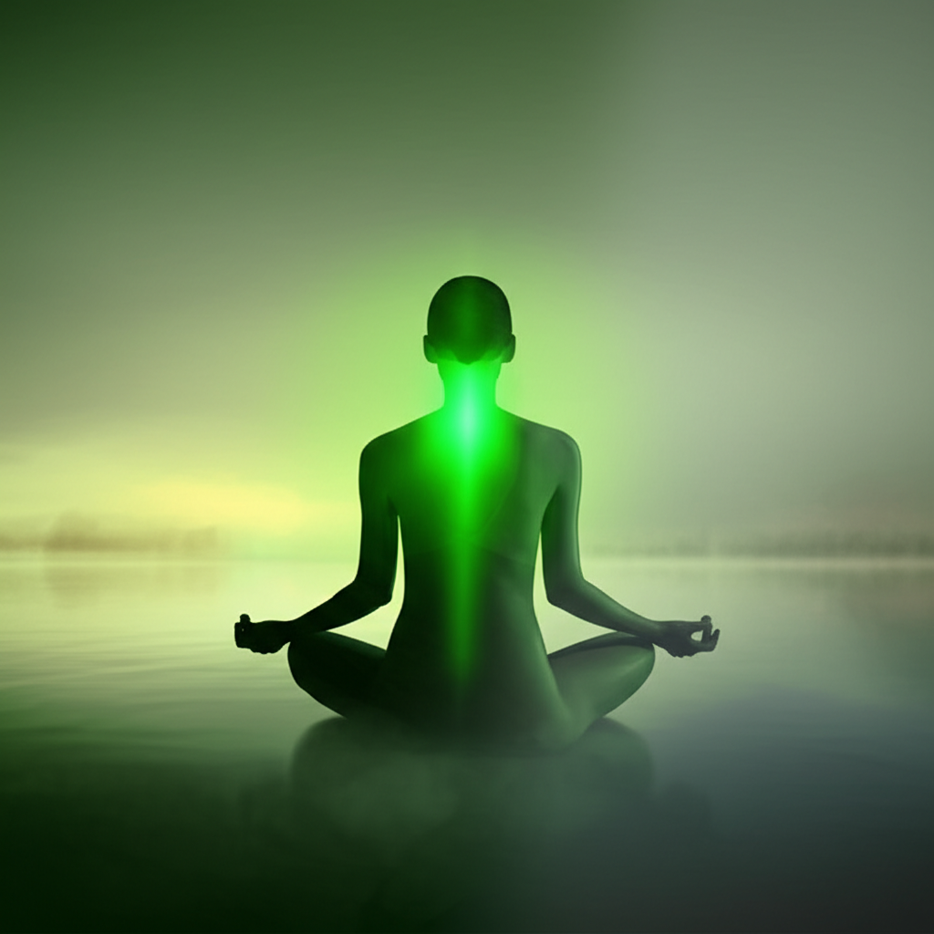Силуэт медитирующего человека, у которого из груди исходит зеленый свет, как символ того, как открыть анахату.