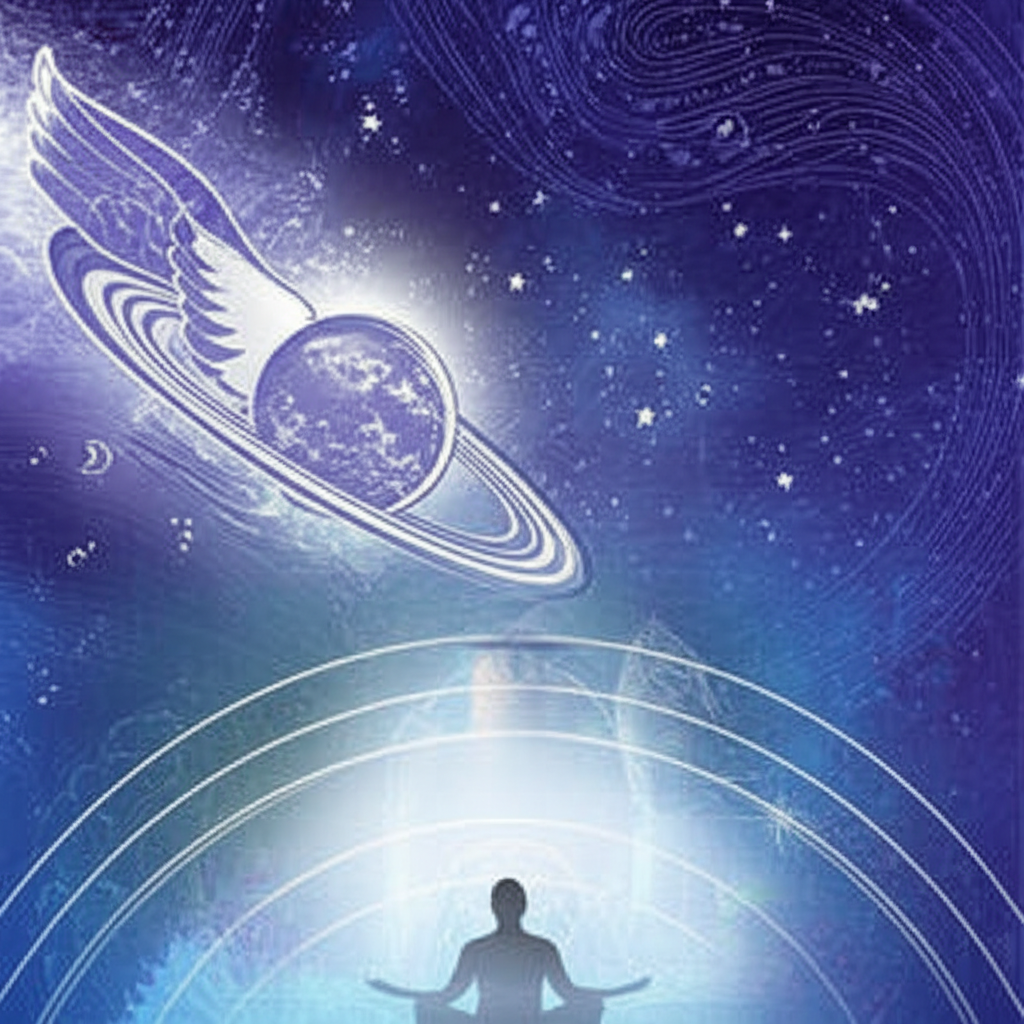 Иллюстрация, показывающая, как пережить ретроградный Меркурий, с изображением спокойного человека на фоне движущегося назад Меркурия.