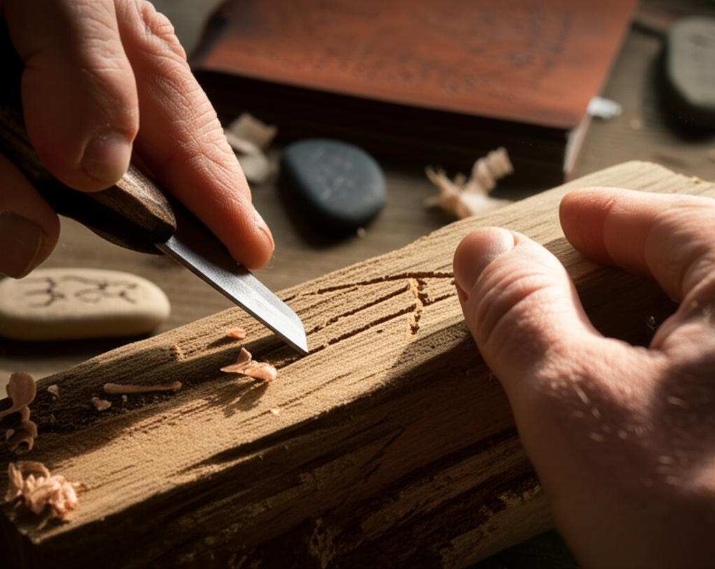 Руки мастера, который показывает, как писать рунами, вырезая древний символ на дереве.