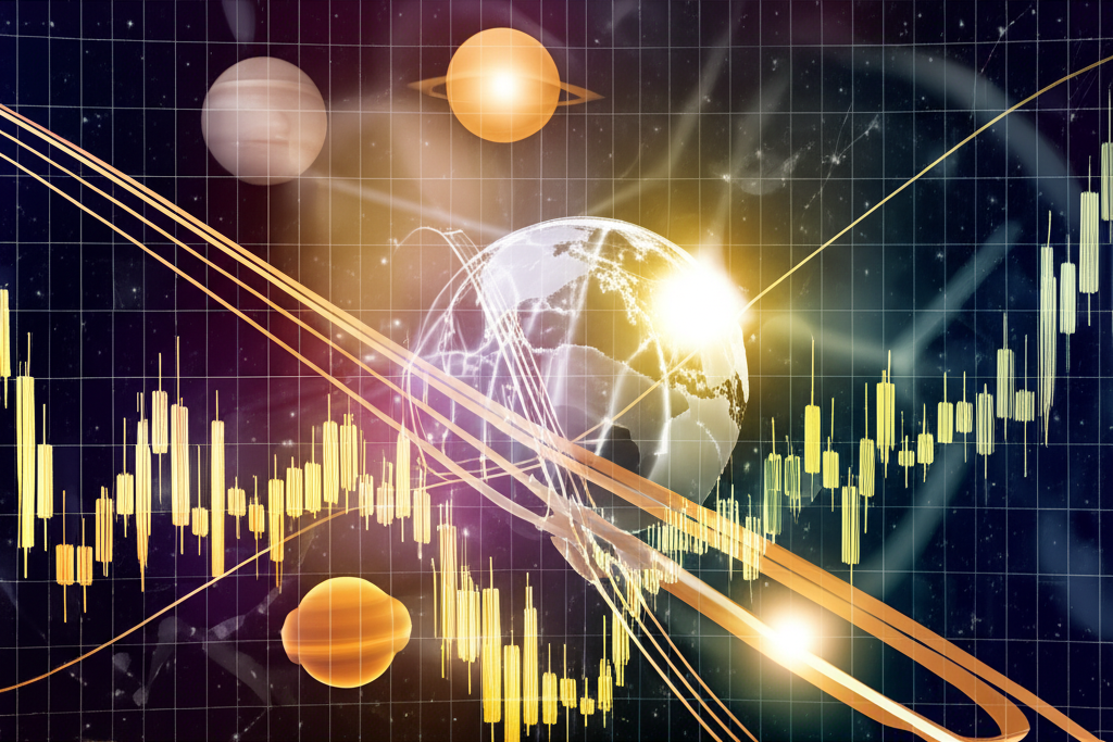 Изображение демонстрирует символическое влияние планет на финансовые рынки, показывая, как планеты влияют на финансы через исторические циклы и человеческое восприятие.