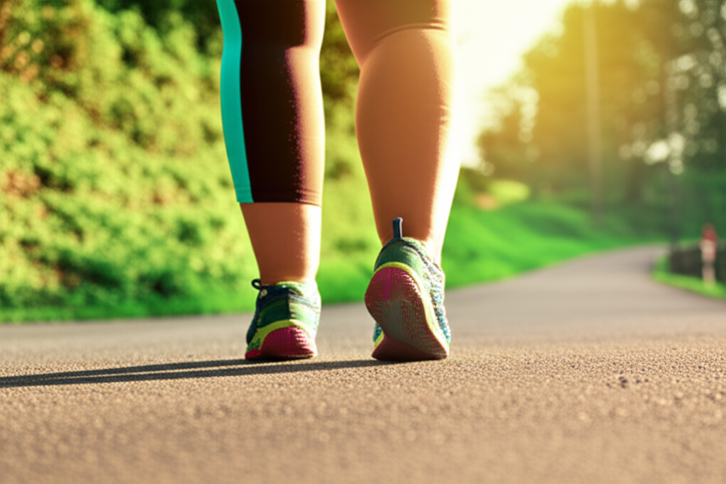 Человек в наушниках активно занимается спортивной ходьбой в парке, показывая, как побороть скуку во время спортивной ходьбы.