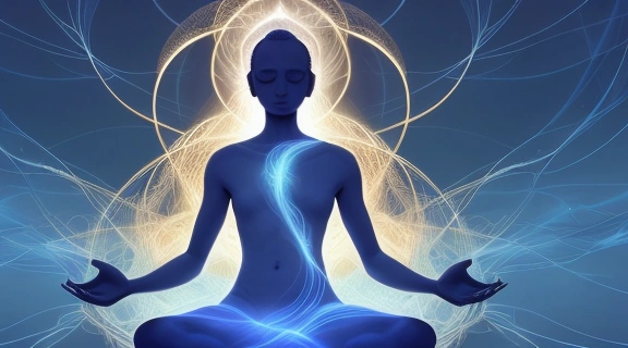 Изображение демонстрирует медитирующего человека, окруженного светящимися энергетическими потоками, символизирующими, как подключиться к эгрегору и установить связь с коллективными полями.
