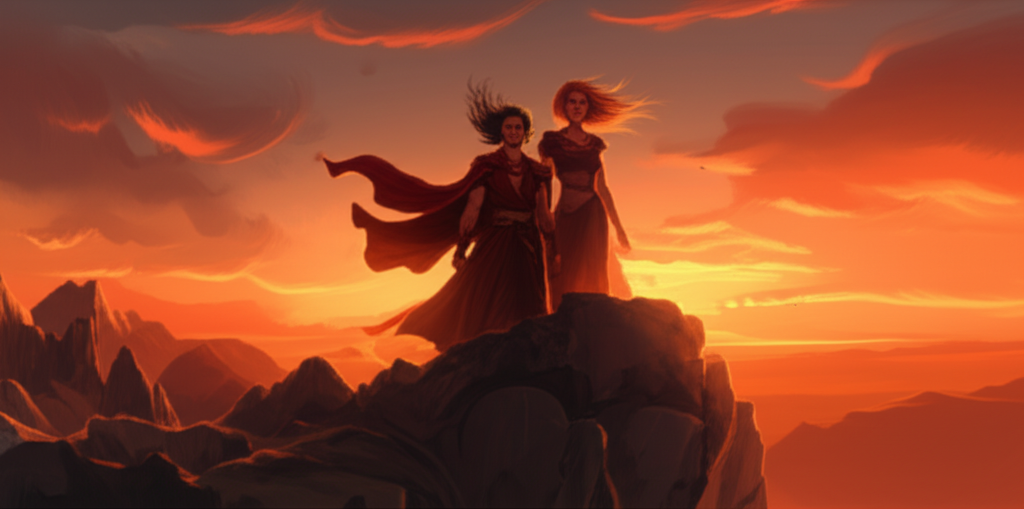 Динамичная пара на фоне огненного рассвета, иллюстрация к статье о том, как покорить овна