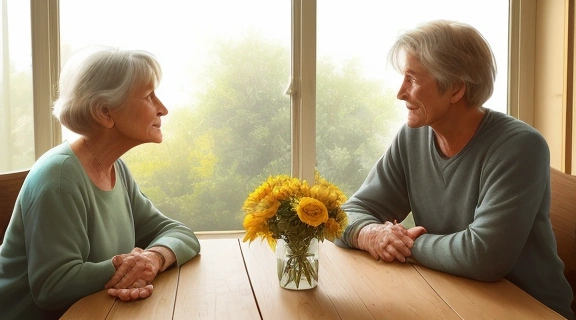 Двое членов семьи мирятся за столом, символизируя Конец семейной вражде и начало гармоничных отношений.