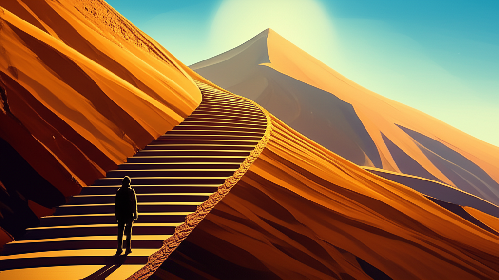 Человек в начале пути к сияющей вершине, который показывает, как получить желаемое.