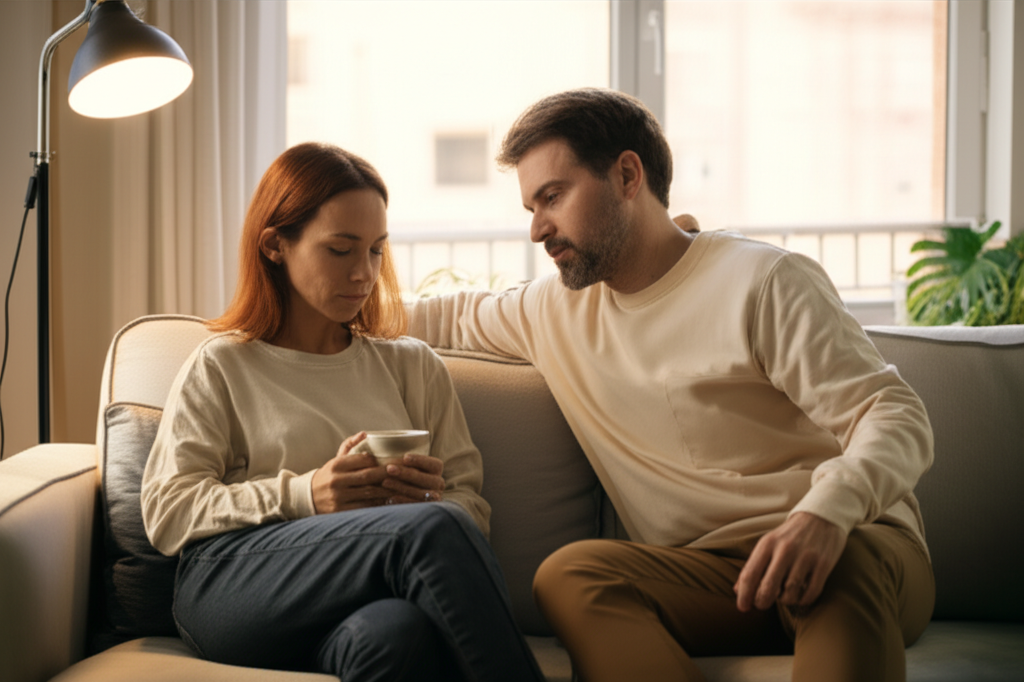 Пара находит способ как помириться с мужем женой, сидя на диване в уютной обстановке.