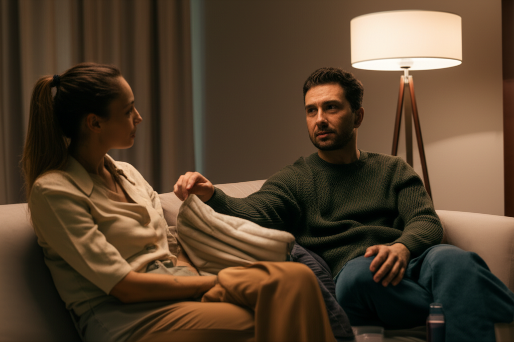 Эмпатичная пара ведет глубокий диалог, чтобы понять парня мужчину в спокойной обстановке.