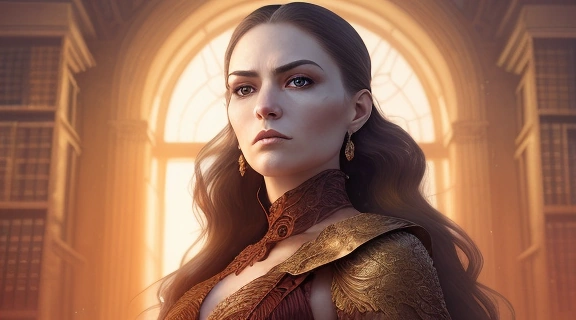 Изображение демонстрирует величественную женщину в окружении символов мудрости и силы, подчеркивая качества, которые ценятся, когда вы пытаетесь понять, как понравиться женщине дракону.