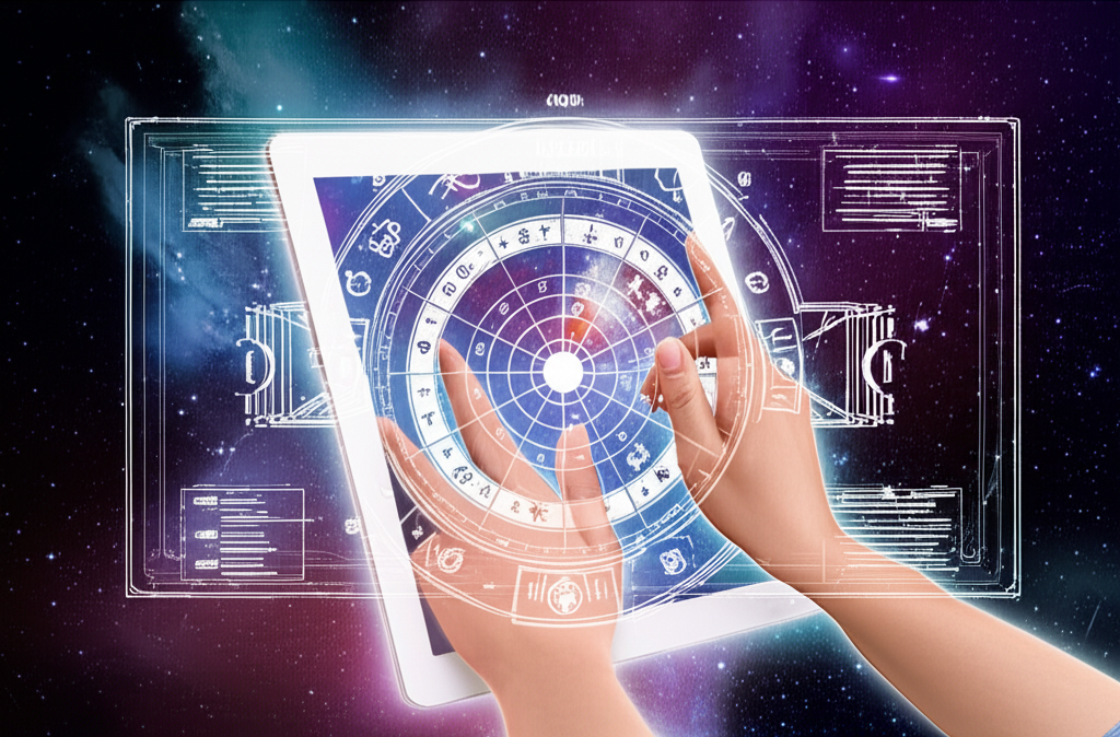 Изображение демонстрирует, как построить натальную карту бесплатно онлайн с расшифровкой на экране планшета, окруженного космическими элементами, символизирующими самопознание.