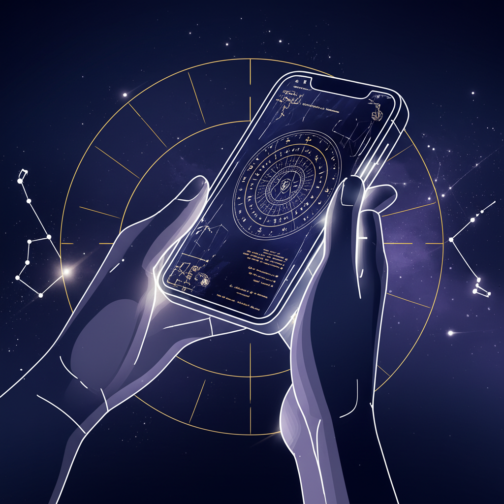 Человек анализирует ноутбук, чтобы построить натальную карту онлайн на фоне звездного неба