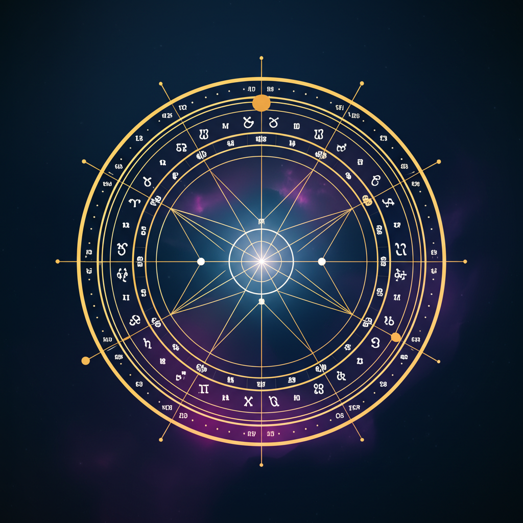 Стилизованная круглая диаграмма, на которой можно построить натальную карту с планетами и знаками зодиака на фоне космоса.